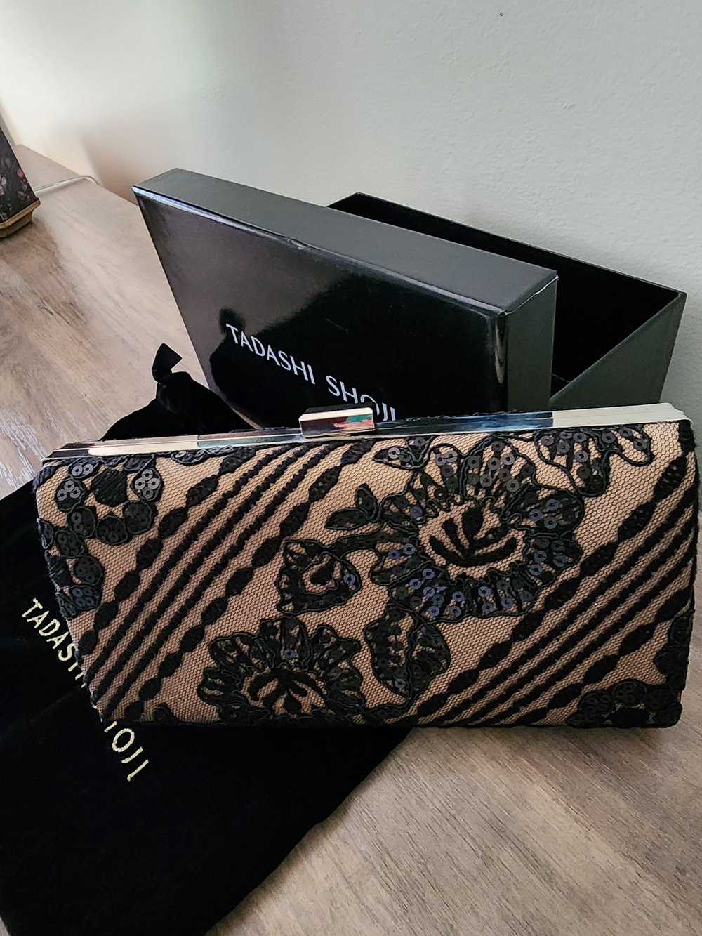 Tadashi Shoji Black Lace Sequin Floral Clutch